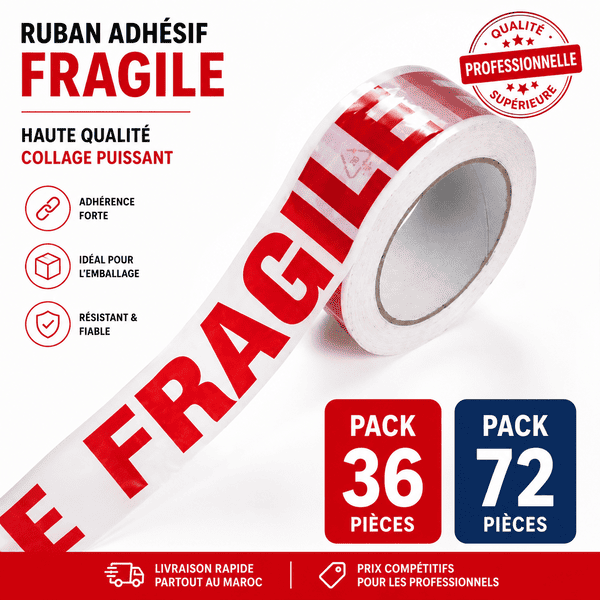 Ruban Adhésif FRAGILE 5cm x 66m – Scotch Emballage Blanc Haute Résistance | Vente en Gros Maroc – Image 4