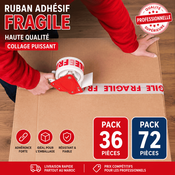 Ruban Adhésif FRAGILE 5cm x 66m – Scotch Emballage Blanc Haute Résistance | Vente en Gros Maroc – Image 3