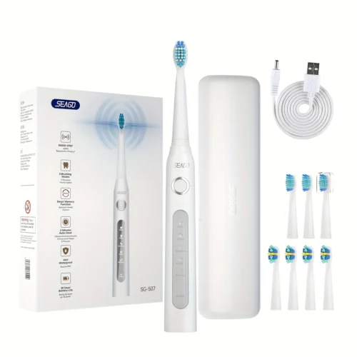 Brosse Électrique Blanche Seago | 40 000 Mouvements/min, 8 Têtes, Recharge USB, Étanche IPX7 – Livraison Gratuite à Domicile