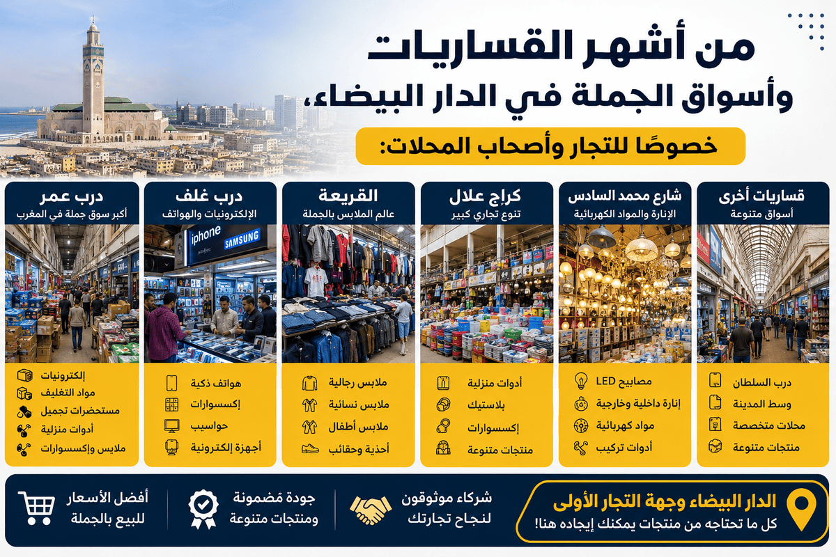 Lire la suite à propos de l’article من أشهر القساريات وأسواق الجملة في الدار البيضاء، خصوصًا للتجار وأصحاب المحلات