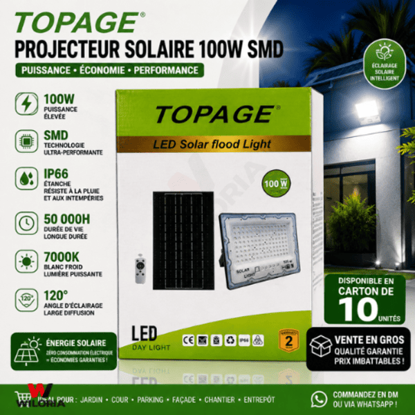 Projecteur Solaire 100W TOPAGE Étanche IP66 – Vente en Gros au Maroc | Wiloria