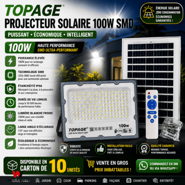 Projecteur Solaire 100W TOPAGE Étanche IP66 – Vente en Gros au Maroc | Wiloria