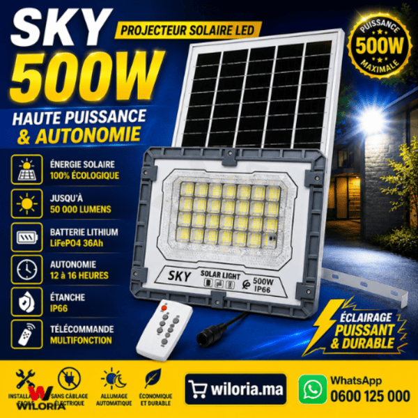 Projecteur Solaire SKY 500W Haute Puissance – Éclairage LED Extérieur Professionnel | Wiloria