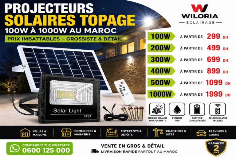 Lire la suite à propos de l’article Projecteurs Solaires 100W à 1000W au Maroc | Prix Grossiste et Détail – Wiloria Éclairage