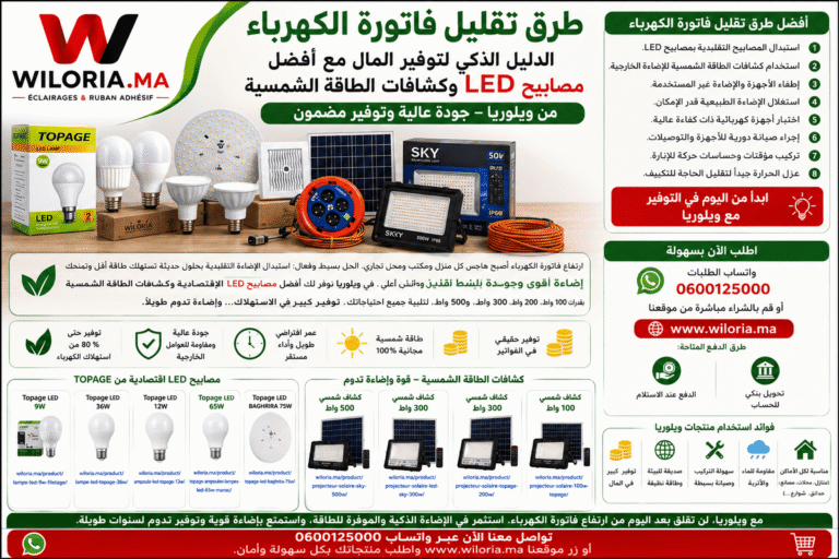 Lire la suite à propos de l’article طرق تقليل فاتورة الكهرباء: الدليل الذكي لتوفير المال مع أفضل مصابيح LED وكشافات الطاقة الشمسية من ويلوريا